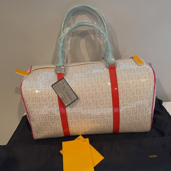 SOLD Fendi Ivory Grey Sequin Multicolour Patent Detail Boston Bag (New) - Picture 3 of 15